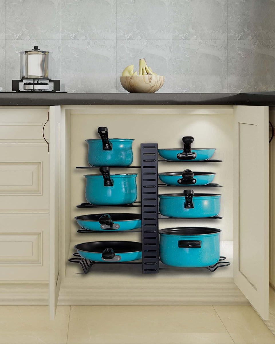 Organizzatore per Pentole e Padelle con 8 Livelli, Supporti Regolabili per Coperchi e Design Personalizzabile