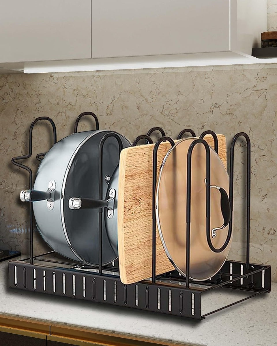 Organizzatore per Pentole e Padelle con 8 Livelli, Supporti Regolabili per Coperchi e Design Personalizzabile