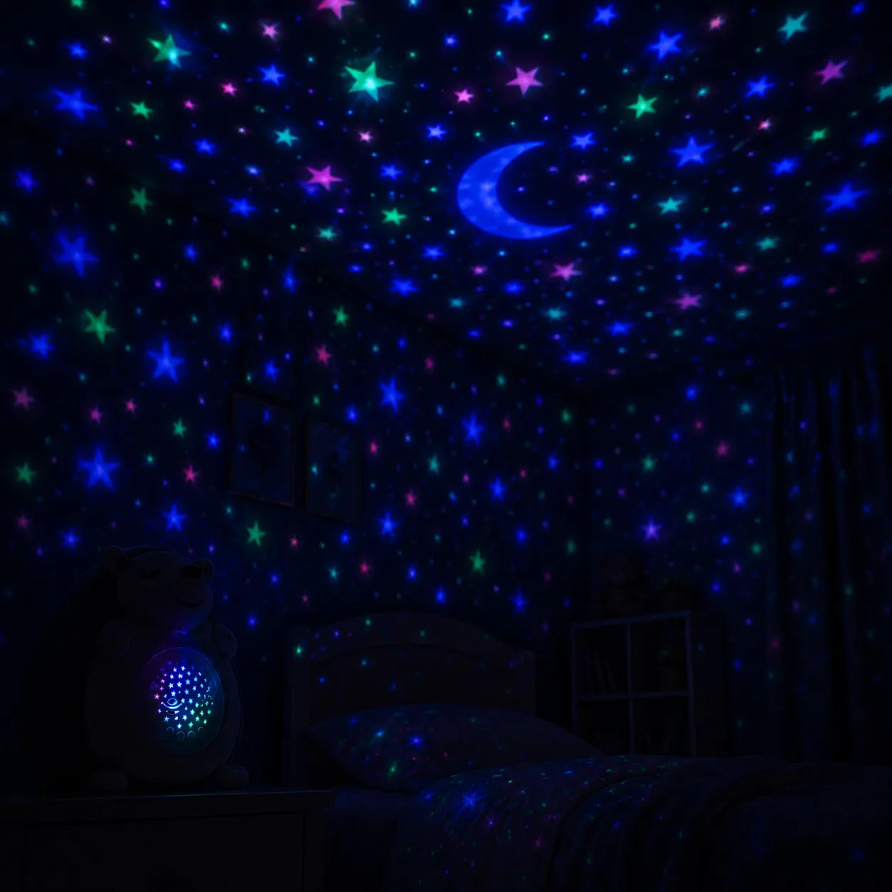 Peluche Riccio Proiettore Stelle con Musica Rilassante, Luce Notturna LED 7 Colori, Timer Automatico, Lampada per Bambini e Neonati