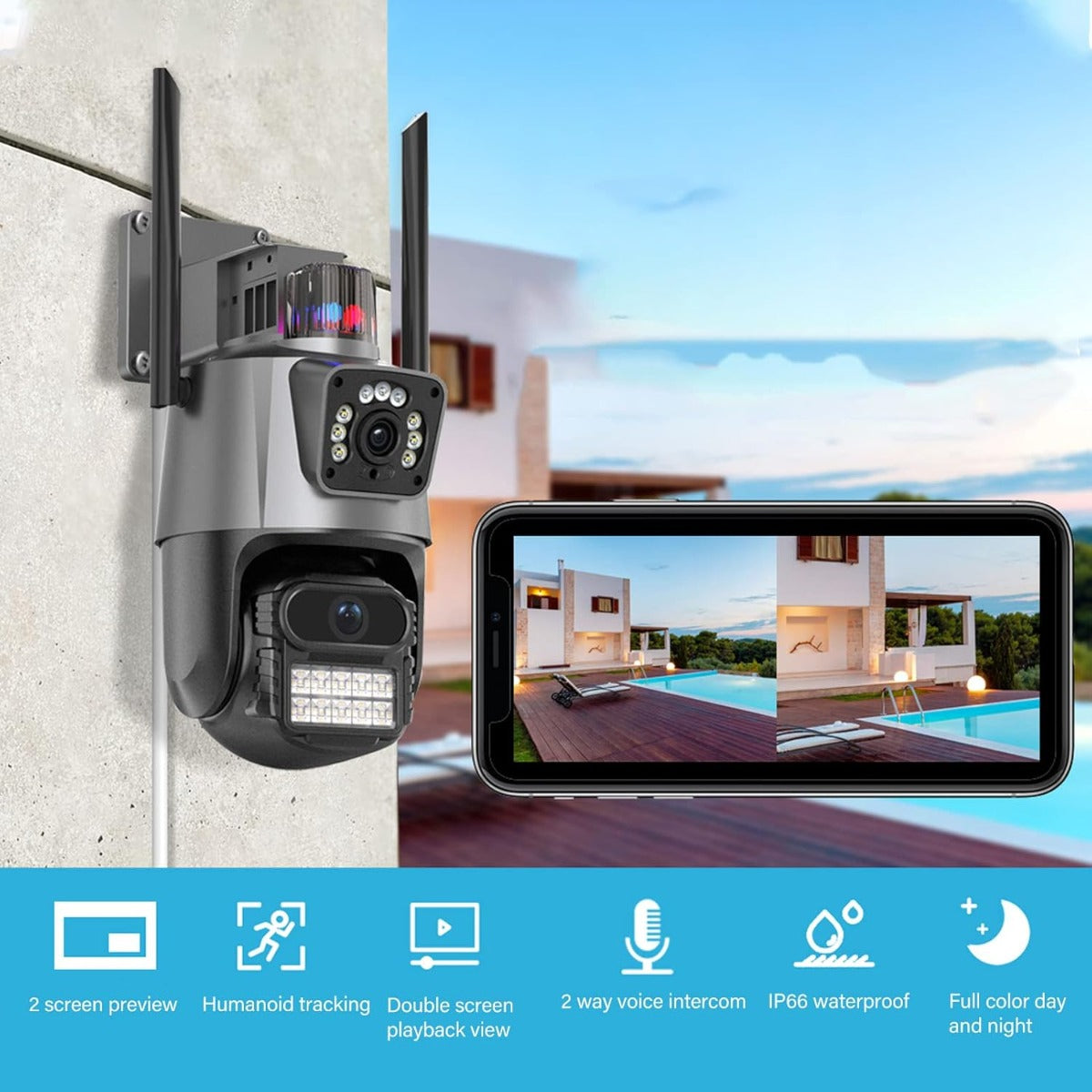 Telecamera di Sicurezza Wireless Esterna 8MP PTZ con Visione Notturna a Colori e Audio Bidirezionale