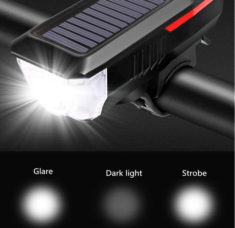 Luce Solare per Bici con Clacson da 120 dB - LED Potente, Ricarica Solare e USB, Impermeabile