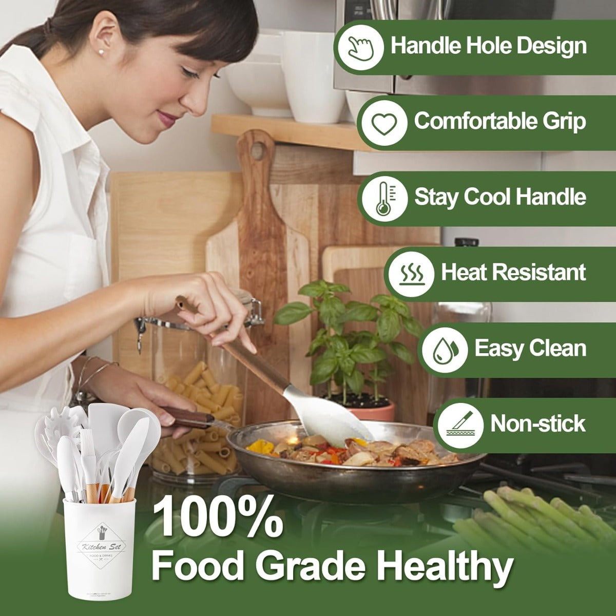 Set di 12 Utensili da Cucina in Silicone – Resistenti al Calore, Antiaderenti e Lavabili in Lavastoviglie bianco