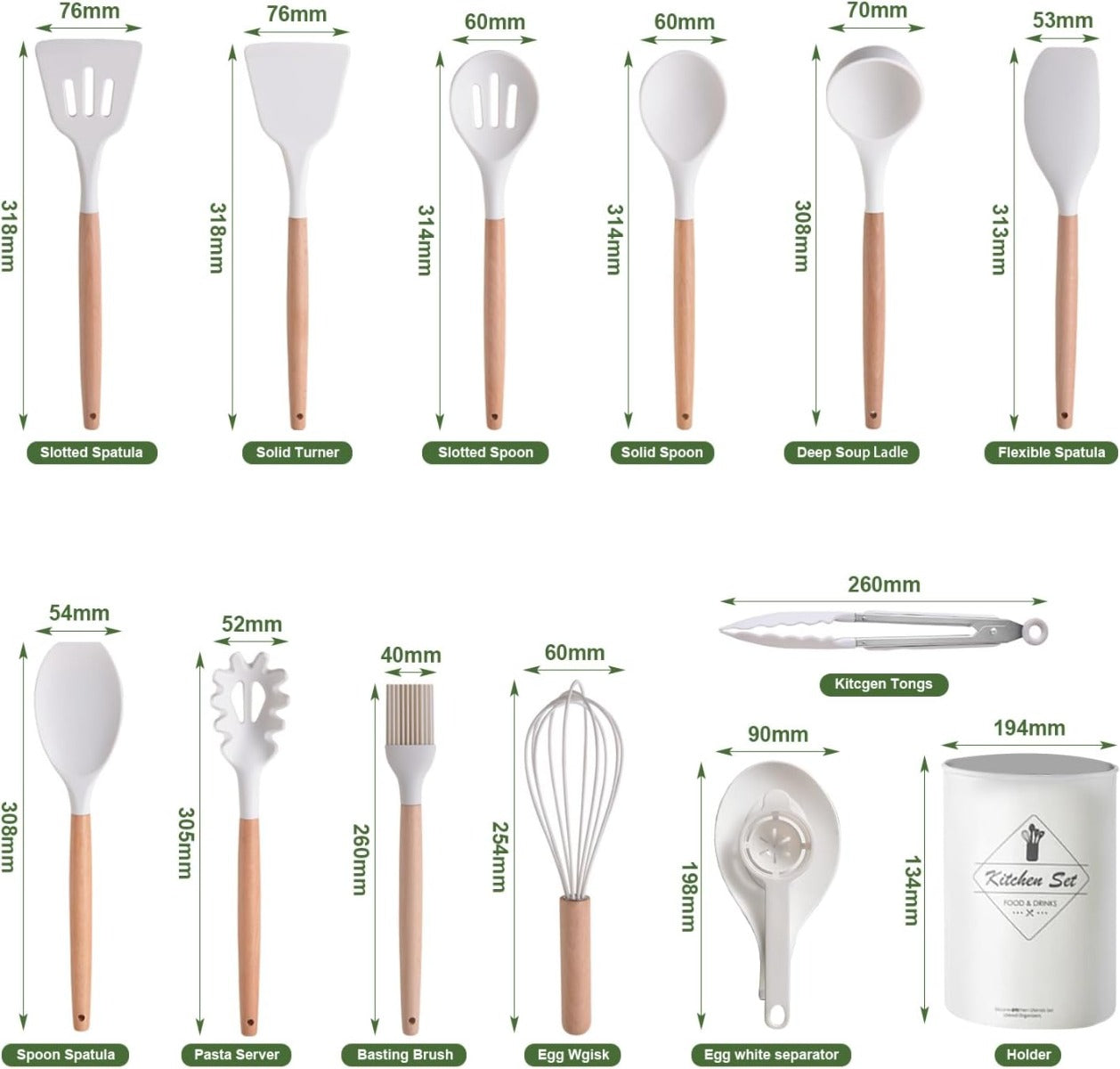 Set di 12 Utensili da Cucina in Silicone – Resistenti al Calore, Antiaderenti e Lavabili in Lavastoviglie bianco