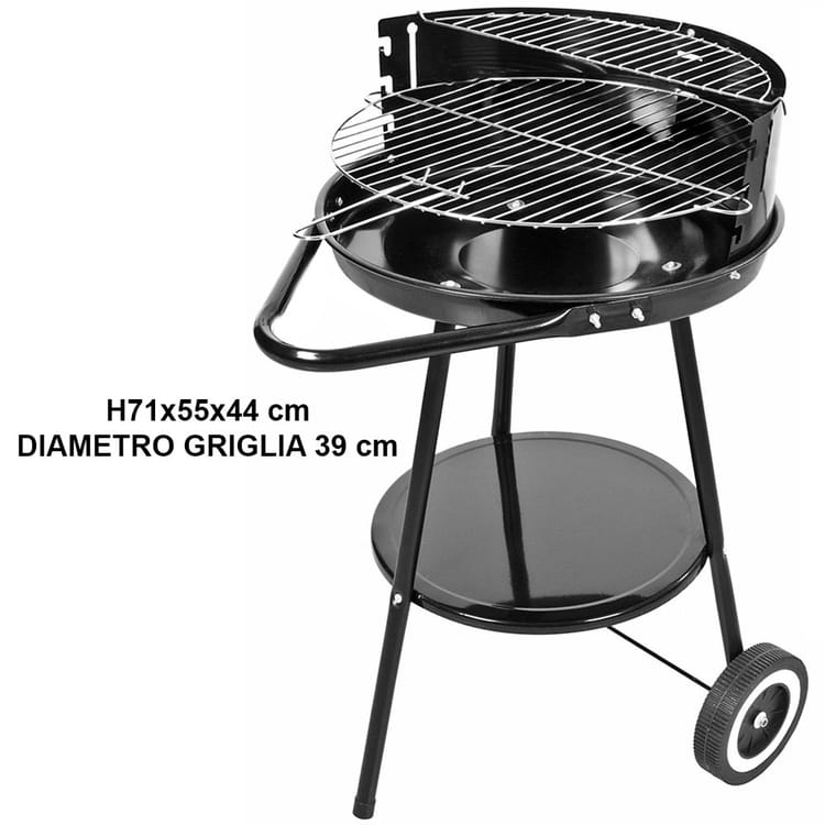 Barbecue Tondo a Carbonella con Ruote e Ripiano – Struttura in Acciaio Verniciato, Griglia Ø39,5 cm