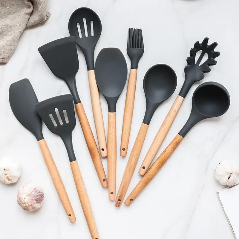 Set di 12 Utensili da Cucina in Silicone – Resistenti al Calore, Antiaderenti e Lavabili in Lavastoviglie nero