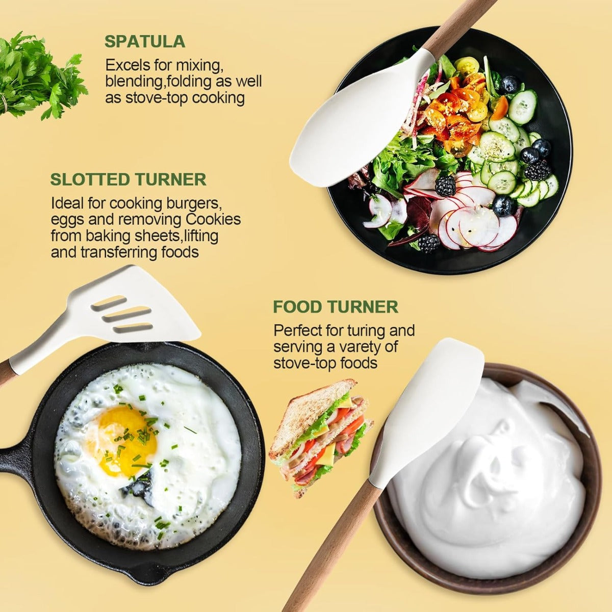 Set di 12 Utensili da Cucina in Silicone – Resistenti al Calore, Antiaderenti e Lavabili in Lavastoviglie bianco