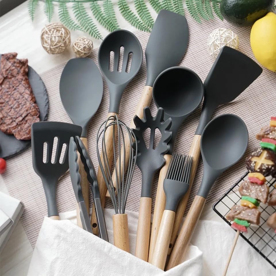 Set di 12 Utensili da Cucina in Silicone – Resistenti al Calore, Antiaderenti e Lavabili in Lavastoviglie nero