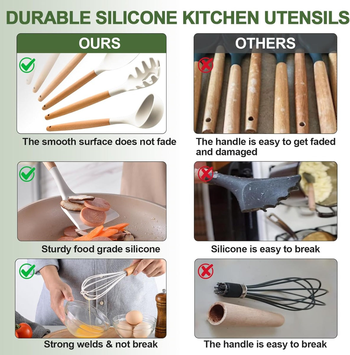 Set di 12 Utensili da Cucina in Silicone – Resistenti al Calore, Antiaderenti e Lavabili in Lavastoviglie bianco