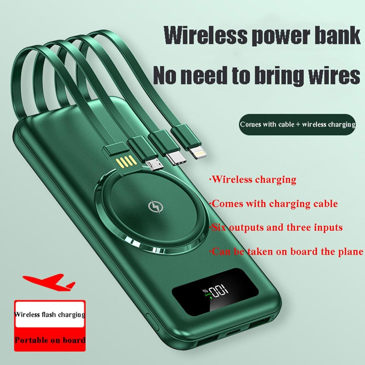 Mini Power Bank Wireless 30000mAh – Ricarica Rapida e Grande Capacità con 4 Cavi Integrati