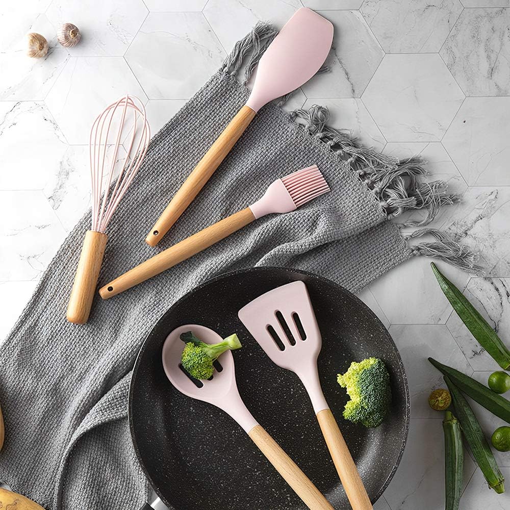 Set di 12 Utensili da Cucina in Silicone – Resistenti al Calore, Antiaderenti e Lavabili in Lavastoviglie rosa