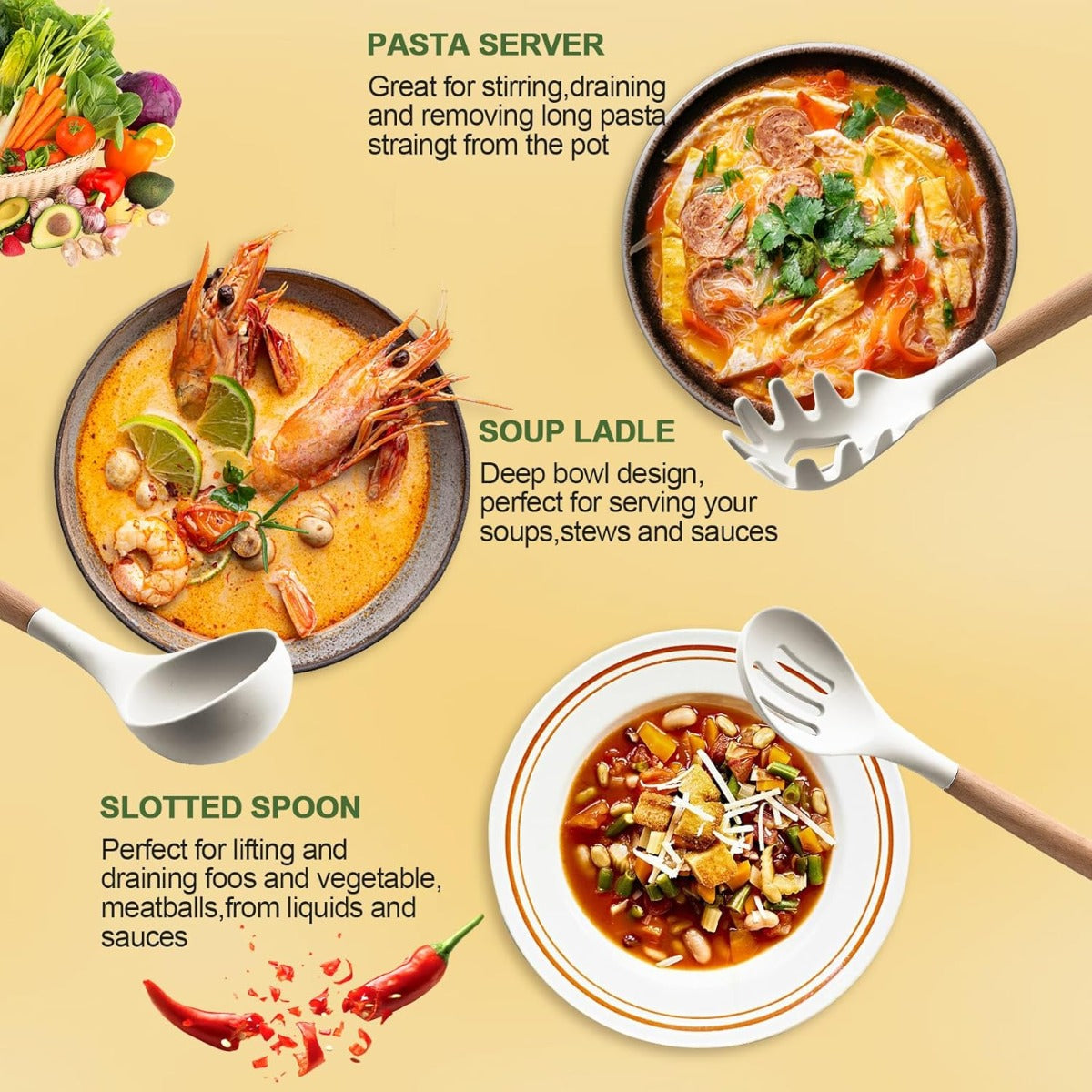 Set di 12 Utensili da Cucina in Silicone – Resistenti al Calore, Antiaderenti e Lavabili in Lavastoviglie bianco